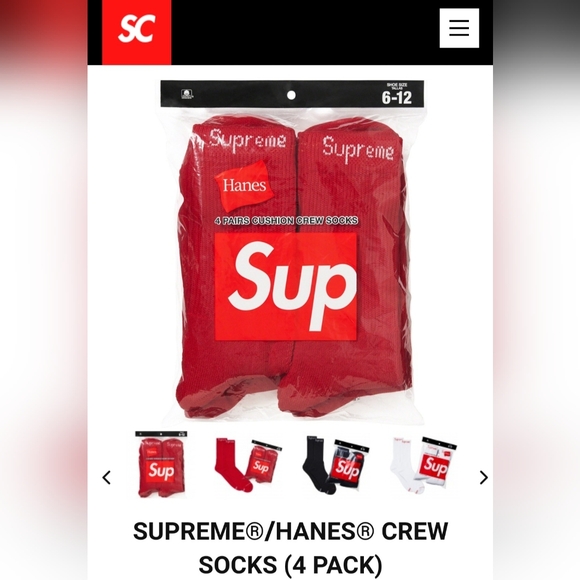 Supreme X Hanes Crew Socks 4 Pack *FW23*  *NWT* - Picture 3 of 6